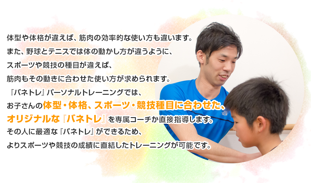 体型や体格が違えば、筋肉の効率的な使い方も違います。また、野球とテニスでは体の動かし方が違うように、スポーツや競技の種目が違えば、筋肉もその動きに合わせた使い方が求められます。『バネトレ』パーソナルトレーニングでは、子どもさんの体型・体格、スポーツ・競技種目に合わせた、オリジナルな『バネトレ』を専属トレーナーか直接指導します。その人に最適な『バネトレ』ができるため、よりスポーツや競技の成績に直結したトレーニングが可能です。